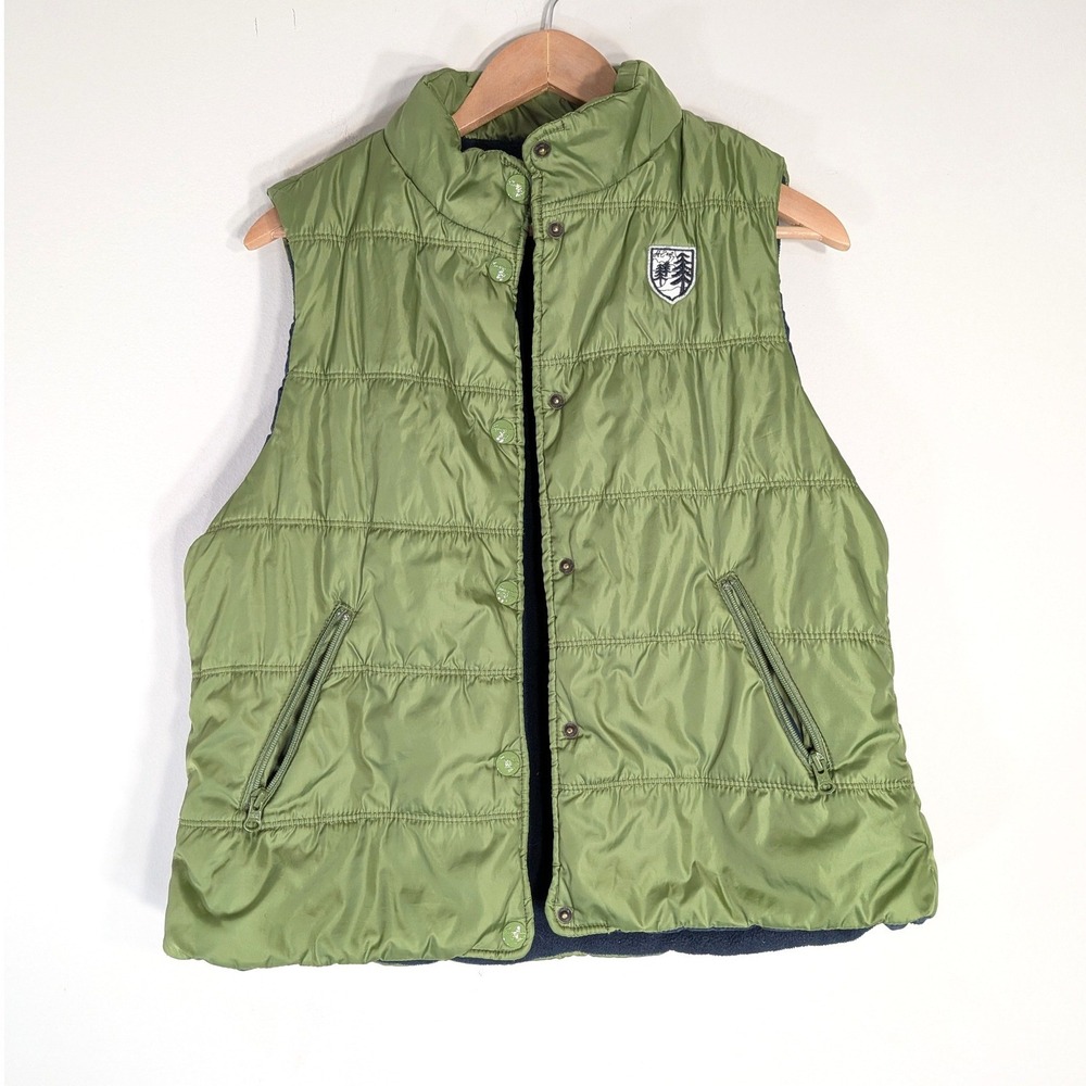 American Eagle Green Puffer Vest; Fleece Lined, Quilted, Snap Front, Outdoor